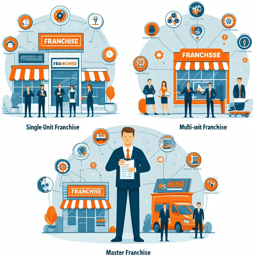 Image illustrating different types of franchise business models with icons representing various industries.