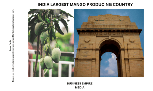 Image of the India Gate with a backdrop of mangoes. The image features a variety of Indian mangoes