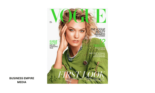 Cover of Vogue magazine showcasing a high-fashion photo shoot or celebrity portrait, with the magazine's distinctive logo and stylish typography, reflecting its focus on luxury fashion and trends.