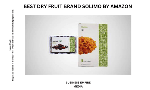 Solimo by Amazon packaging featuring a selection of dry fruits such as almonds, cashews, and raisins, highlighting affordability and quality.