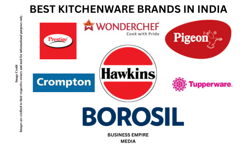 Collage of Best kitchenware brands in India, including Prestige, Pigeon by Stovekraft, Hawkins, Borosil, Wonderchef, Tupperware, Crompton, and Rostfrei. The image features a variety of kitchen products such as cookware, storage solutions, and appliances from these leading brands, representing quality and innovation in kitchenware.